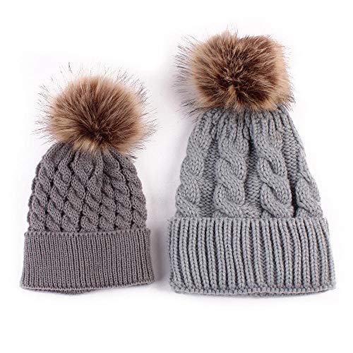 1set Moda Madre + Niño Sombreros para niños Cálidos Gorros de Punto de Invierno Gorros Mamá Crochet Pom Sombreros-Gris