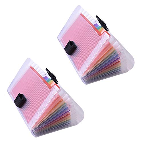 2 Acordeon A6 Carpeta Archivadora con Indice de Etiquetas, Clear Rainbow Expanding File Folder, Se Puede Usar en el Hogar u Oficina, Almacenamiento Archivos, 13 Bolsillos