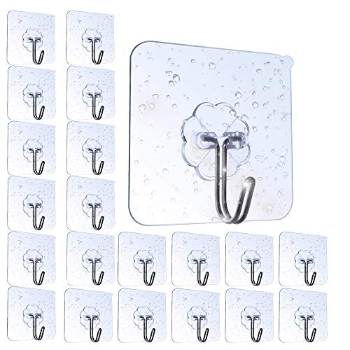 20 Pack Adhesive Strong Nail Free Reusable transparente Heavy Duty Bathroom Kitchen Door Hook Ceiling Hanger, Waterproof & oilpr impermeable, (10 kg/22 libras Max)