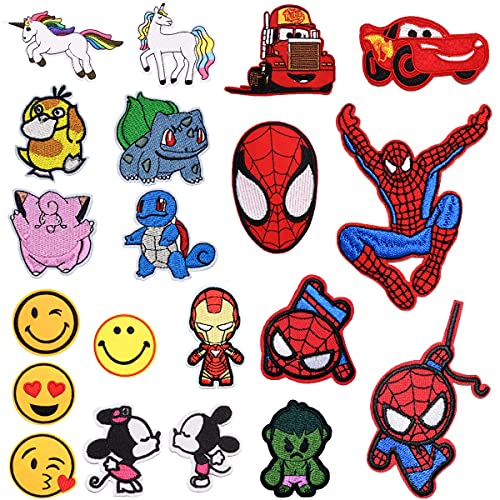 20 piezas Parches Ropa Termoadhesivos con Superhéroe Unicornio Smiley Pokemon Bus DIY Coser o Planchar en Los Parches Apliques para Ropa Camiseta Jeans Sombrero Pantalon Bolsas