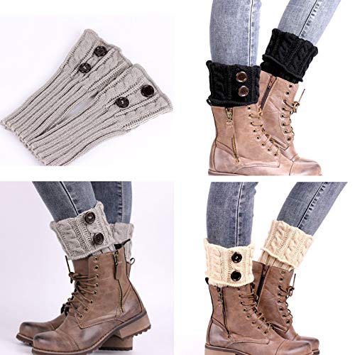 3 Pares Calentadores Piernas Mujer Calcetines de Punto Invierno Tejidos Cálidos Botón Calientapiernas Cortas Ganchillo Cubierta para Botas y Botines (Negro/Gris/Beige)