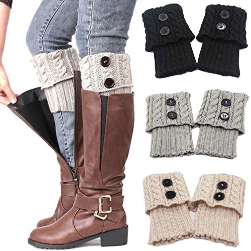 3 Pares Calentadores Piernas Mujer Calcetines de Punto Invierno Tejidos Cálidos Botón Calientapiernas Cortas Ganchillo Cubierta para Botas y Botines (Negro/Gris/Beige)