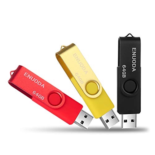 3 Piezas 64GB USB 2.0 ENUODA Pendrive Pivote Memorias Giratoria Plegable Diseño de Cierre (Negro Dorado Rojo)