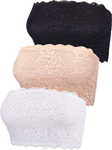 3 Piezas de Tubo de Encaje Floral de Mujeres Banda Sujetador sin Tirantes Envoltura de Pecho Estirable sin Costura (Conjunto de Colores 1, Talla XXL)