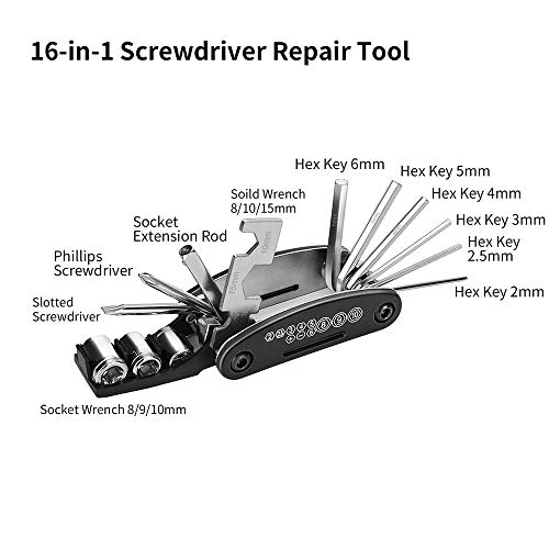 3T6B Juego Herramientas reparación Bicicletas, Bomba aire con mini barómetro, 16 y 1 Kit punción Herramienta reparación neumáticos Multifuncional, con Bolsa de Viaje y Parche neumático