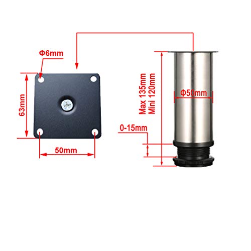 4 piezas Pies ajustables, Pies de gabinete de 120 mm de altura, patas de mesa, patas de muebles, acero inoxidable cepillado, altura ajustable de 0-15 cm, vienen con tornillos de acero inoxidable