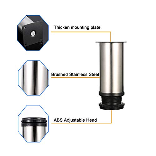 4 piezas Pies ajustables, Pies de gabinete de 120 mm de altura, patas de mesa, patas de muebles, acero inoxidable cepillado, altura ajustable de 0-15 cm, vienen con tornillos de acero inoxidable