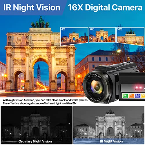 4K-Video Camcorder Ultra HD 48MP WiFi IR-Night Vision Vlogging Digital Cámara para 6 Ejes Anti-Shake 16x Digital Zoom Youtube Cámara Grabadora con micrófono, estabilizador de Mano, Campana de Lentes