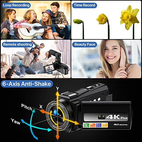 4K-Video Camcorder Ultra HD 48MP WiFi IR-Night Vision Vlogging Digital Cámara para 6 Ejes Anti-Shake 16x Digital Zoom Youtube Cámara Grabadora con micrófono, estabilizador de Mano, Campana de Lentes