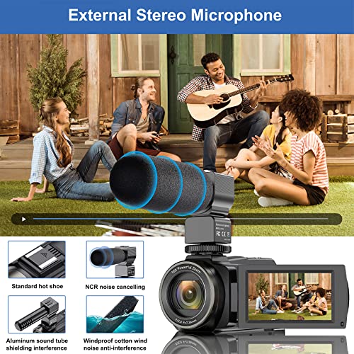 4K-Video Camcorder Ultra HD 48MP WiFi IR-Night Vision Vlogging Digital Cámara para 6 Ejes Anti-Shake 16x Digital Zoom Youtube Cámara Grabadora con micrófono, estabilizador de Mano, Campana de Lentes