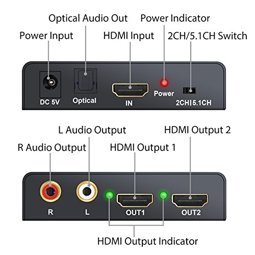 4Kx2K HDMI Convertidor Extractor de Audio Soportar 2CH / 5.1CH 3D HDMI a SPDIF Óptico Toslink Conversor Digital a Analógico RCA R/L + 2 vías HDMI Splitter para BLU-Ray DVD Sky PS3 PS4