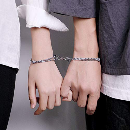 4Pcs Pulseras Magnéticas Parejas Pulseras de Pareja para Atraer Hebilla Magnética Pulsera de Cuerda Trenzada Ajustable Pulsera de Pareja Tejida a Juego para el Amor y la Promesa para Siempre