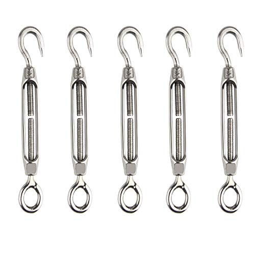 5 Piezas Gancho Tensor de Cadenas Acero, Gancho Tensor Tensión Cuerda, M5 304 Tensores de Acero Inoxidable, para Trabajos Pesados Tensor Cable Tensado, Accesorios Cable Regulación(Plata)