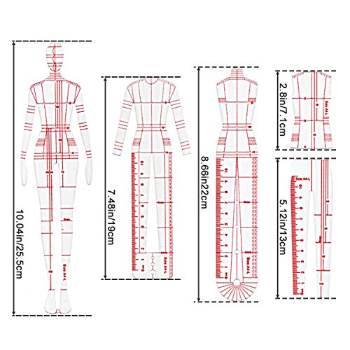 8PCS Reglas de ilustración de moda, Juego de reglas de plantilla de dibujo de moda Diseño de patrones humanoides de costura