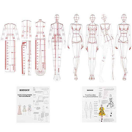8PCS Reglas de ilustración de moda, Juego de reglas de plantilla de dibujo de moda Diseño de patrones humanoides de costura