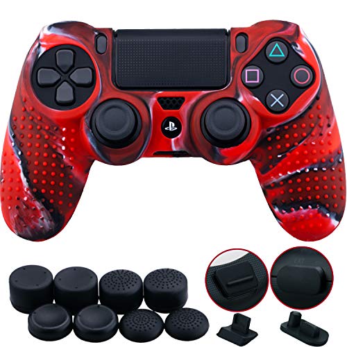 9CDeer 1 Pieza de Siliconas Tachonado Protector Manga Caso Cubierta Piel Cover Skin +8 Puños de Pulgar Tapas Analógicas Thumb Grip +2 a Prueba de Polvo Tapones para Mando PS4/Slim/Pro, Camuflaje Rojo