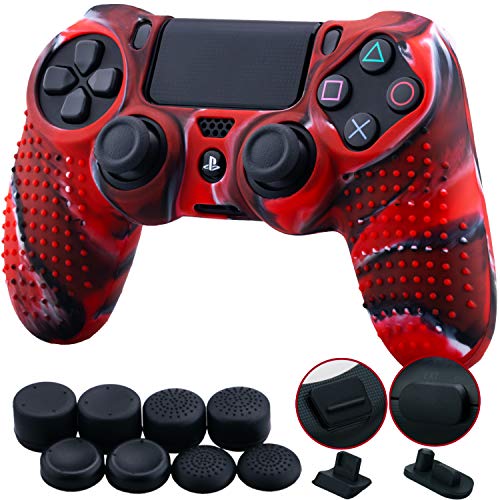 9CDeer 1 Pieza de Siliconas Tachonado Protector Manga Caso Cubierta Piel Cover Skin +8 Puños de Pulgar Tapas Analógicas Thumb Grip +2 a Prueba de Polvo Tapones para Mando PS4/Slim/Pro, Camuflaje Rojo