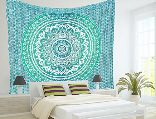 Aakriti Gallery Tapestry Queen Ombre Gift Hippie Tapestries Mandala Bohemian Psychedelic Intricate Indian Bedspread 92x82 Inches (Green)