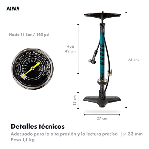 AARON Sport One - Bomba de pie para Bicicleta manómetro para Todo Tipo de válvulas, con Accesorio para Pelotas, Amarillo (Azul)