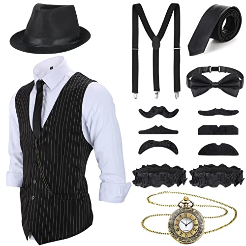 Accesorios de Hombre de 1920 Disfraces Ropa de Gatsby Gángster Atuendo de Cosplay Halloween con Chaleco Sombrero de Fieltro Reloj de Bolsillo Tirantes Corbata (XL, Negro y Blanco)