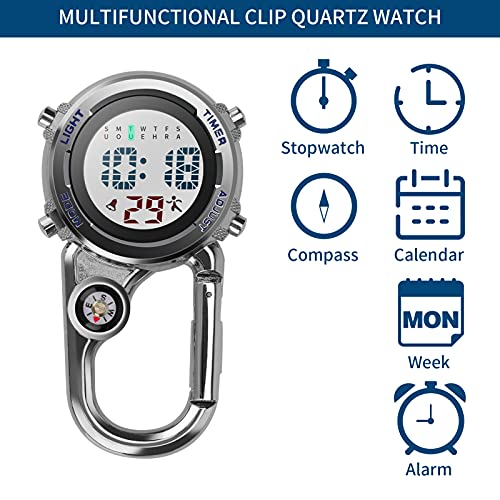 Aceshop Reloj con Mosquetón Reloj Digital con Clip de Cuarzo Mosquetón Multifuncional Reloj Fob Reloj con Mosquetón de Cara Luminosa con Brújula para Médicos Paramédicos Chefs Deporte Unisex