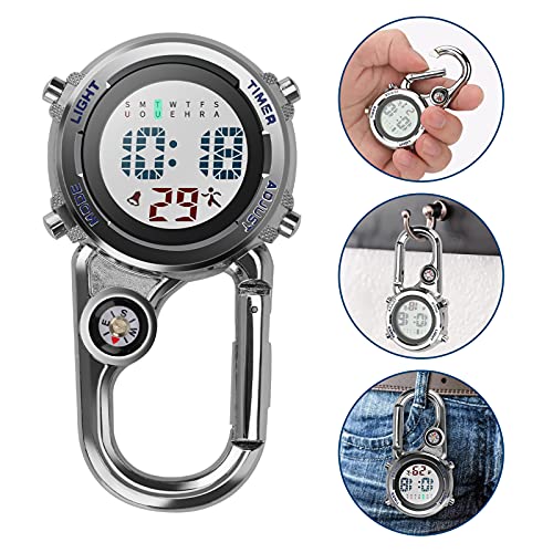 Aceshop Reloj con Mosquetón Reloj Digital con Clip de Cuarzo Mosquetón Multifuncional Reloj Fob Reloj con Mosquetón de Cara Luminosa con Brújula para Médicos Paramédicos Chefs Deporte Unisex