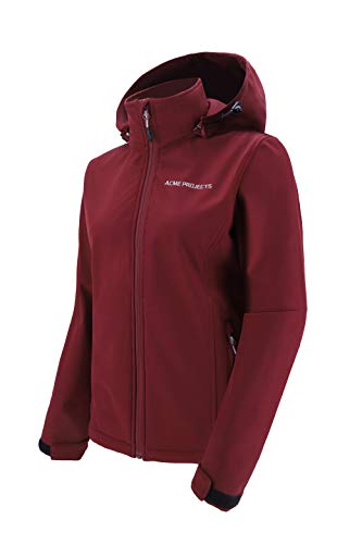 Acme Projects, mujeres, Chaqueta softshell con forro polar con capucha desmontable, impermeable, transpirable, 8000 mm / 5000 g, cremallera YKK (Burdeos, para mujer, 44)