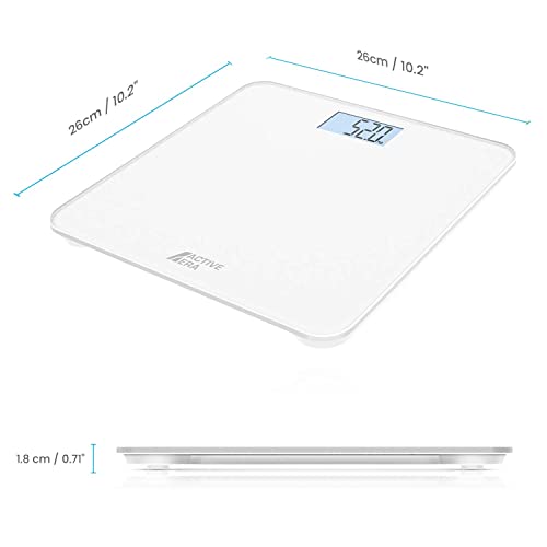 Active Era Báscula de Baño Digital Ultrafina con Sensores de Alta Precisión Pantalla LCD, Auto Encendido y Apagado. Cristal Templado Ultra Resistente (Kg/Stone/libras) Pilas AAA Incluidas - Blanco