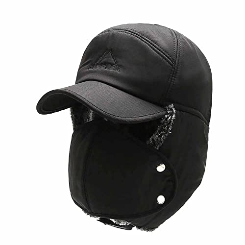 Adantico Gorra de Aviador para Hombre Sombrero de Invierno 2 en 1 y Orejeras con máscara Extraíble (Negro)