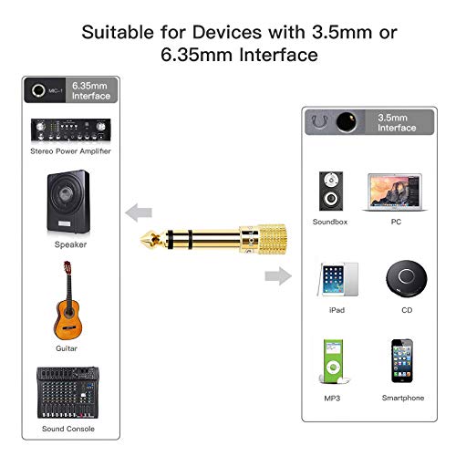 Adaptador Audio Jack 6.35 a 3.5, POSUGEAR 2 Unidades Adaptador Convertidor de Audio Estéreo de Jack 3,5 mm Hembra a Jack 6,35 mm Macho