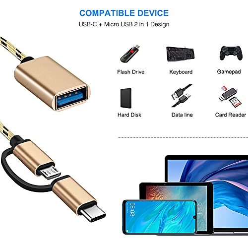 Adaptador USB C/Micro a USB, Seminer 2 en 1 USB C a USB Micro a USB 3.0 OTG Adaptador Cable Compatible con iMac Android Google Samsung Galaxy y más, Oro