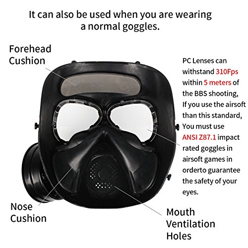 Aesy Máscara de Gas, Deportes Al Aire Libre Completo Cubierto Casco Ordenador Personal Lente Ajustable Choque Resistencia Cabeza, para CS con Doble/Soltero Ventilador (Negro con Doble Ventilador)