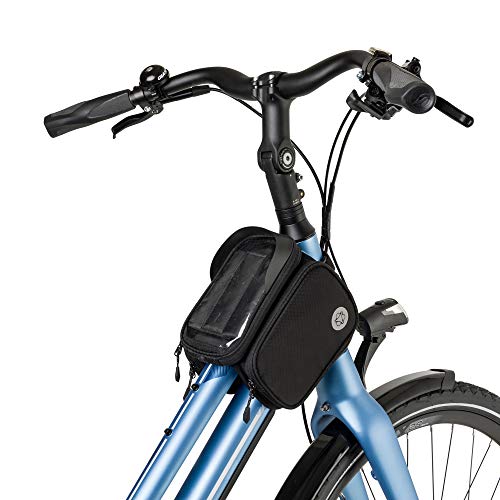 AGU Essentials Performance Bolsa Doble para Cuadro de Bicicleta con Portateléfonos, Bolsa Portateléfono 1 Litro para Bicicleta, Repelente al Agua, Reflectante, Poliéster Reciclado 100% - Negro