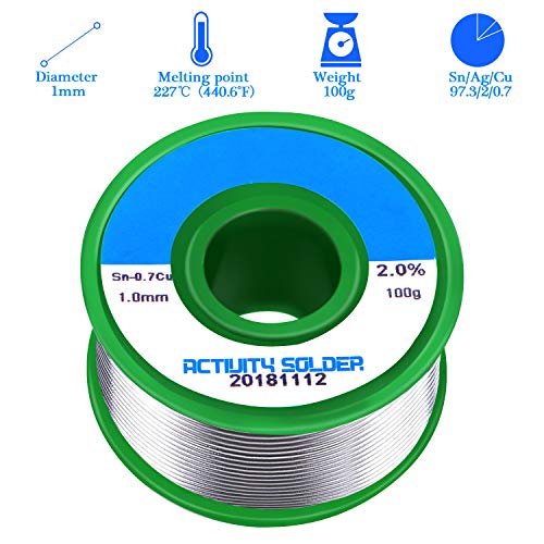 Aiglam Estaño de Soldadura Sin Plomo, 1mm Alambre de Soldar con Núcleo de Colofonia, Sn97.3% 2% Cu0.7% para Soldadura Eléctrica, 100g