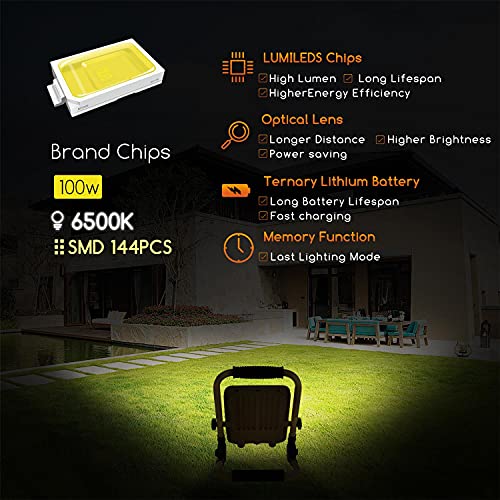 Aigostar Foco LED Bateria 100W,Foco LED Recargable Portátil,Luz de Trabajo,Impermeable IP65,Función SOS,Uso para Interior y exterior:Garaje,Camping, reparación de coches,obra,emergencias