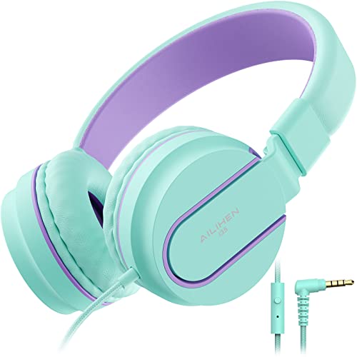 AILIHEN I35 Auriculares para niños con 85dB Volumen de micrófono Limitado Niños Niñas Niños Auriculares con Cable portátiles Ligeros y Plegables de 3,5 mm para Aviones Escolares de Viaje Teléfonos Móviles- Verde Violeta