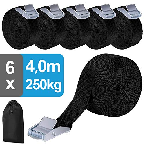 Aimocar Correas de amarre, 6PCS 4M 250 kg Cinchas de amarre Rapido Cinchas Hebilla de Leva de Liberación Rápida Correa de Sujecióncinchas de Amarre Hasta Para portabicicletas Paquetes de Equipaje