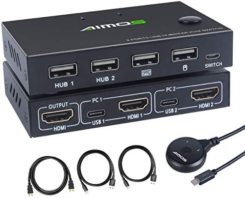 AIMOS KVM Switch, Conmutador HDMI 2 Entradas 1 Salida USB Hub, Admite 4K @ 30Hz 3D para Computadora Portátil, PC, PS4, Xbox HDTV, No Admite Hotkey, Se Puede Conectar a HUB