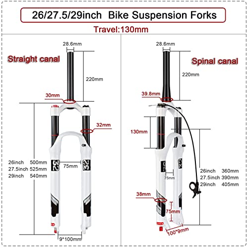 Aire Horquilla 26 27,5 29 Pulg,Aleación de Aluminio Ultraligera Freno Disco Horquillas de Suspensión Delantera MTB Bicicleta XC/Am/FR Ciclismo (Color : White-Straight Tube, Size : 26inch)