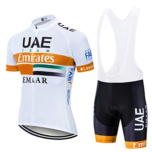 AJL Camiseta de Ciclismo para Hombre UAE Team Orange Verano de Manga Corta, Racing Club Pro Road Mountain Bicycle Outdoor Bike Jersey, Combo de Ciclo de compresión de Secado rápido