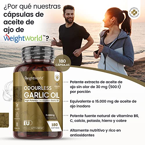 Ajo Cápsulas Dosis Alta 15000mg, 180 Cápsulas Sin Olor Ni Sabor | Perlas de Ajo Desodorizado para 6 Meses de Suministro, Extracto de Aceite de Ajo Fuente de Alicina, Suplemento Alimenticio Sin Gluten