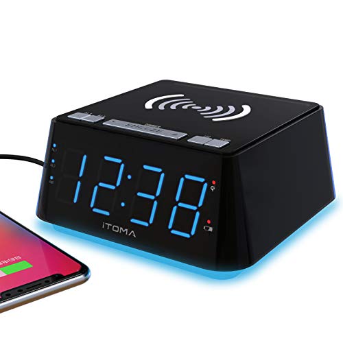 Alarma de Carga inalámbrica con 1.2" Indicador LED Azul Hielo, Alarma Doble, Control de atenuación de 4 etapas, Sensor de Temperatura Ambiente, Cargador inalámbrico iPhone X, Cargador USB (CKS801)