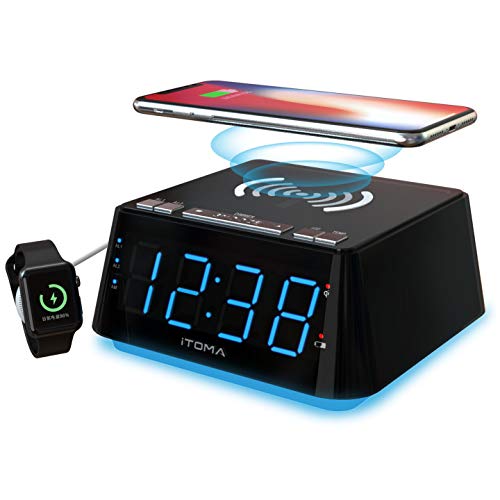 Alarma de Carga inalámbrica con 1.2" Indicador LED Azul Hielo, Alarma Doble, Control de atenuación de 4 etapas, Sensor de Temperatura Ambiente, Cargador inalámbrico iPhone X, Cargador USB (CKS801)