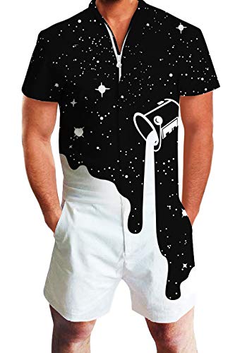 ALISISTER Mono Hombre 3D Pintar Cangilón Impreso Cremallera de Manga Corta Mameluco Monos Hombre Verano Tema Partido Onesies Jumpsuit en Blanco y Negro XXL