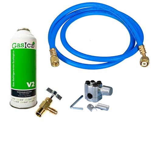 ALL4SALE KIT DE RECARGA DE GAS GASICA V2 ADECUADO PARA AIRE ACONDICIONADO SUSTITUTO ECOLÓGICO PARA R22 R407C R410A R32 CON MANGUERA + VÁLVULA SERVICIO + OBÚS DE CARGA.