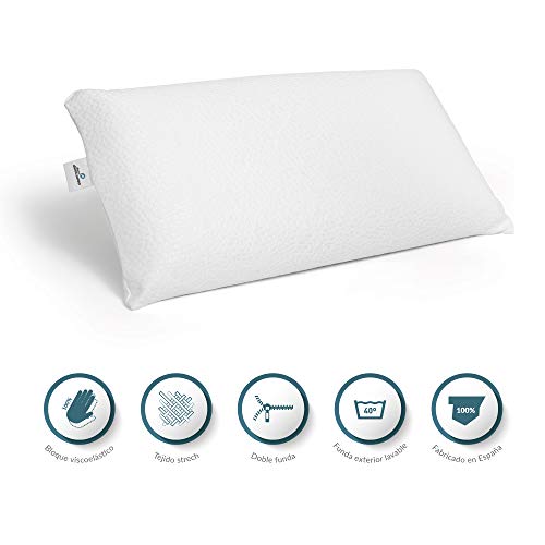 Almohada Viscoelástica Lavander con Doble Funda,150cm, Transpirable, Antiácaros, Termoregulable, Firmeza Media, Ergonómica, Perfecta Adaptabilidad a Cuello y Cabeza, Tejido Strech. Fabricada en España