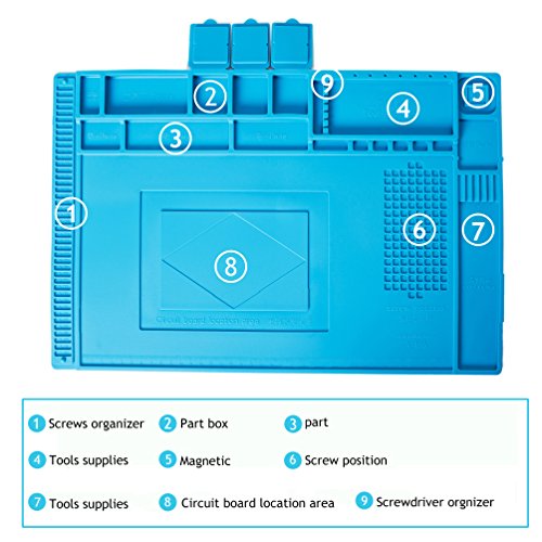 Almohadilla de Soldadura Wemk, Almohadilla de Trabajo con Mantenimiento Magnético, Antiestática y Resistente al Calor 500°C, Almohadilla de Silicona para Reparación de Móviles, etc (45 x 30cm)