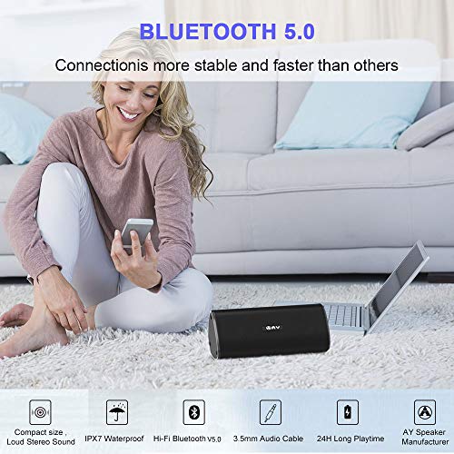 Altavoz 30W Portátil Bluetooth 5.0 AY, Impermeable IPX7 Altavozs Inalámbrico, Sonido estéreo HD Potentes & Micrófono, Resistente a Golpes, Autonomía de 24H para Camping,Viajes, Aire Libre.