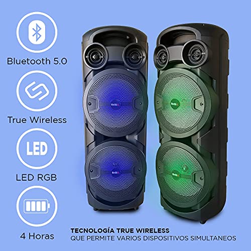 Altavoz Bluetooth BSL-S60 con iluminación RGB | 2 Altavoces de 8 Pulgadas | 2x15W RMS | Batería de 4 Horas de duración | Función Karaoke | Radio FM | USB | TF