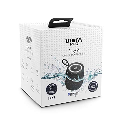 Altavoz Easy 2 de Vieta Pro, con Bluetooth 5.0, True Wireless, Micrófono, Radio FM, 12 Horas de autonomía, Resistencia al Agua IPX7 y botón Directo al Asistente Virtual; Acabado en Color Negro.